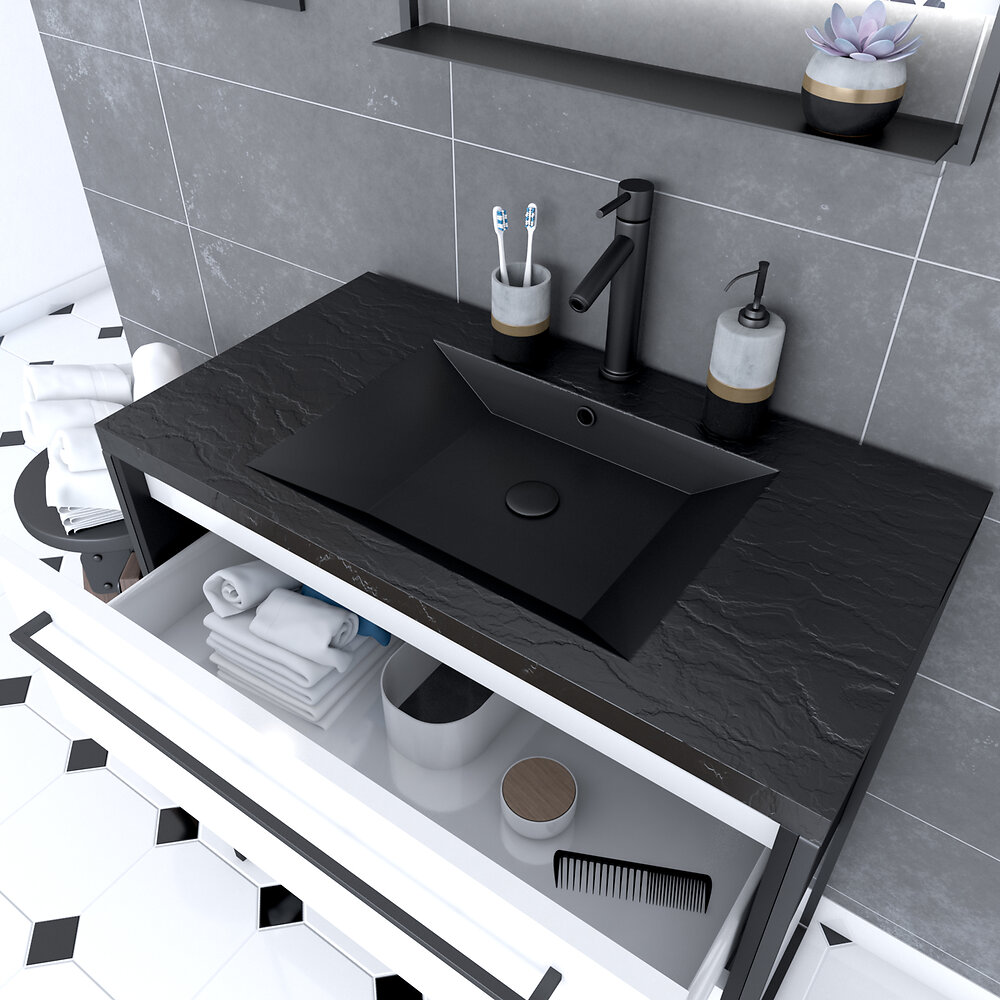 AURLANE - Meuble de salle de bain 80x50 cm Noir MAT - 2 tiroirs BLANC - vasque résine noire effet pierre - large