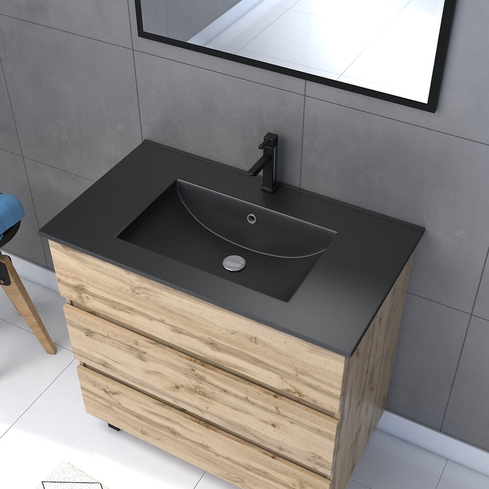 AURLANE - Meuble salle de bain 80x80 cm - Finition chene naturel + vasque noire + miroir - TIMBER 80 - Pack17 - large