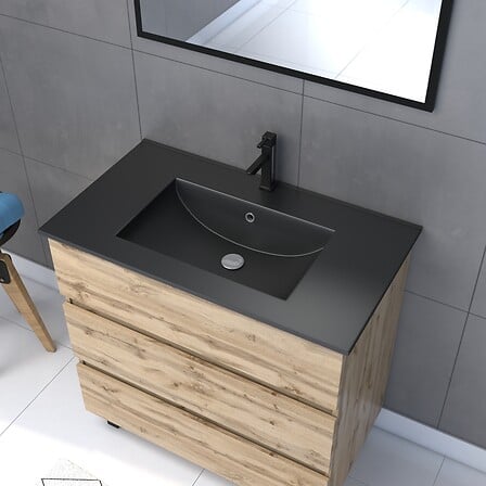 AURLANE - Meuble salle de bain 80x80 cm - Finition chene naturel + vasque noire + miroir - TIMBER 80 - Pack17 - vignette