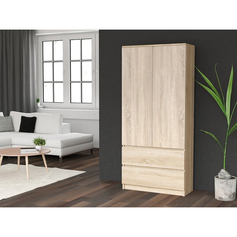 HUCOCO - TURIN - Armoire style moderne chambre salon - Penderie multifonctions - 2 portes + tiroirs - Dressing - Système TIP-ON - Sonoma - large