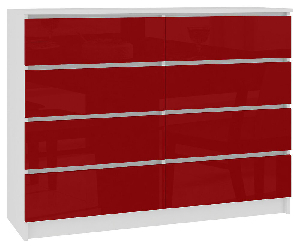 HUCOCO - CUPID - Commode contemporaine chambre salon bureau 8 tiroirs gloss - 138x99x40 cm - Meuble de rangement multi-fonctionnel - Blanc/Rouge laqué - large