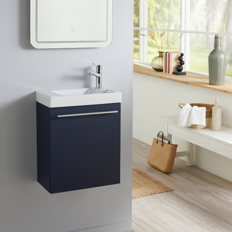 PLANETE_BAIN - Meuble lave-mains Bleu nuit avec lave-mains en céramique et mitigeur eau chaude/eau froide à droite - large