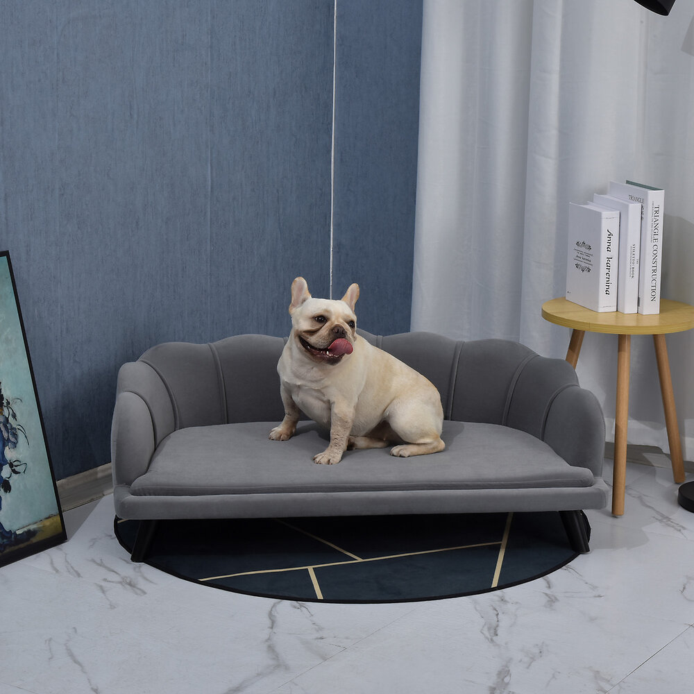 canapé chien lit pour chien chat design contemporain coquillage dim. 98l x 60l x 35h cm coussin moelleux velours gris