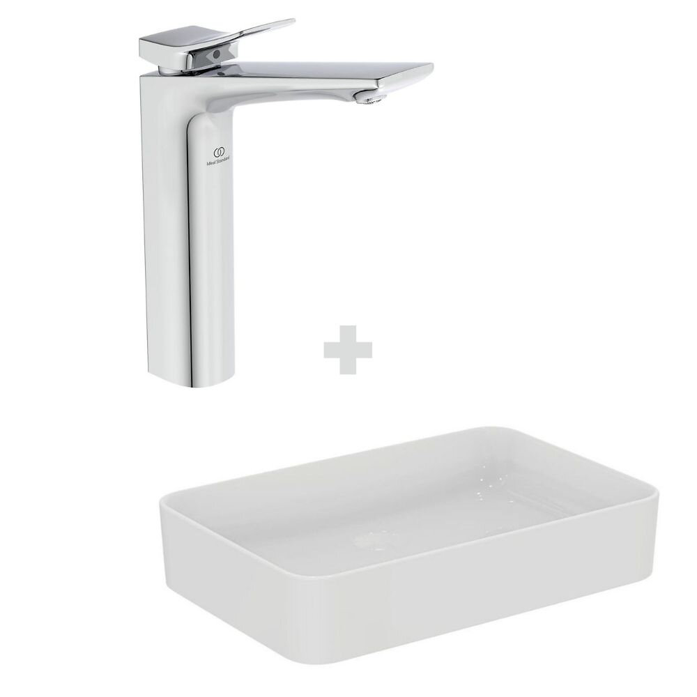 IDEAL STANDARD - Idéal Pack Vasque à poser rectangulaire Conca 60 cm blanche + Mitigeur lavabo réhaussé Conca couleur, chrome - large