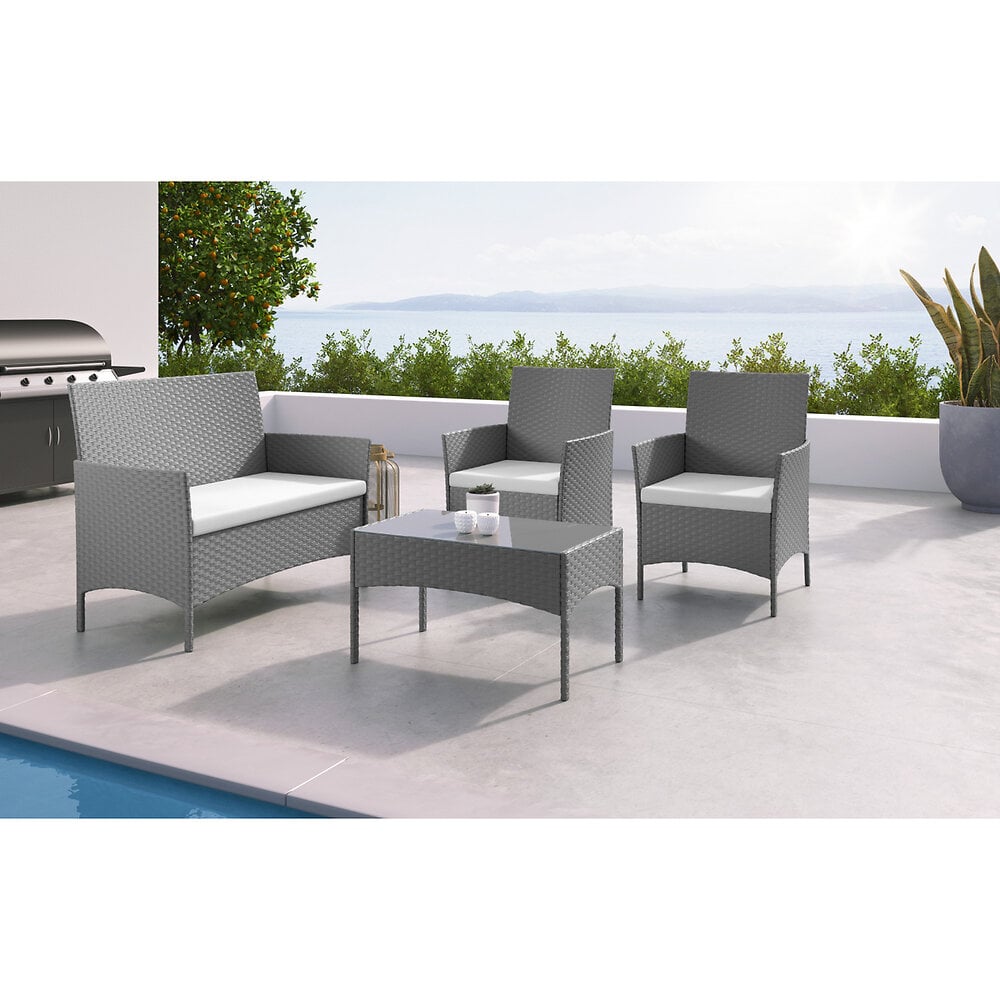 imora - salon de jardin résine tressée gris/ecru - ensemble 4 places - canapé + fauteuil + table