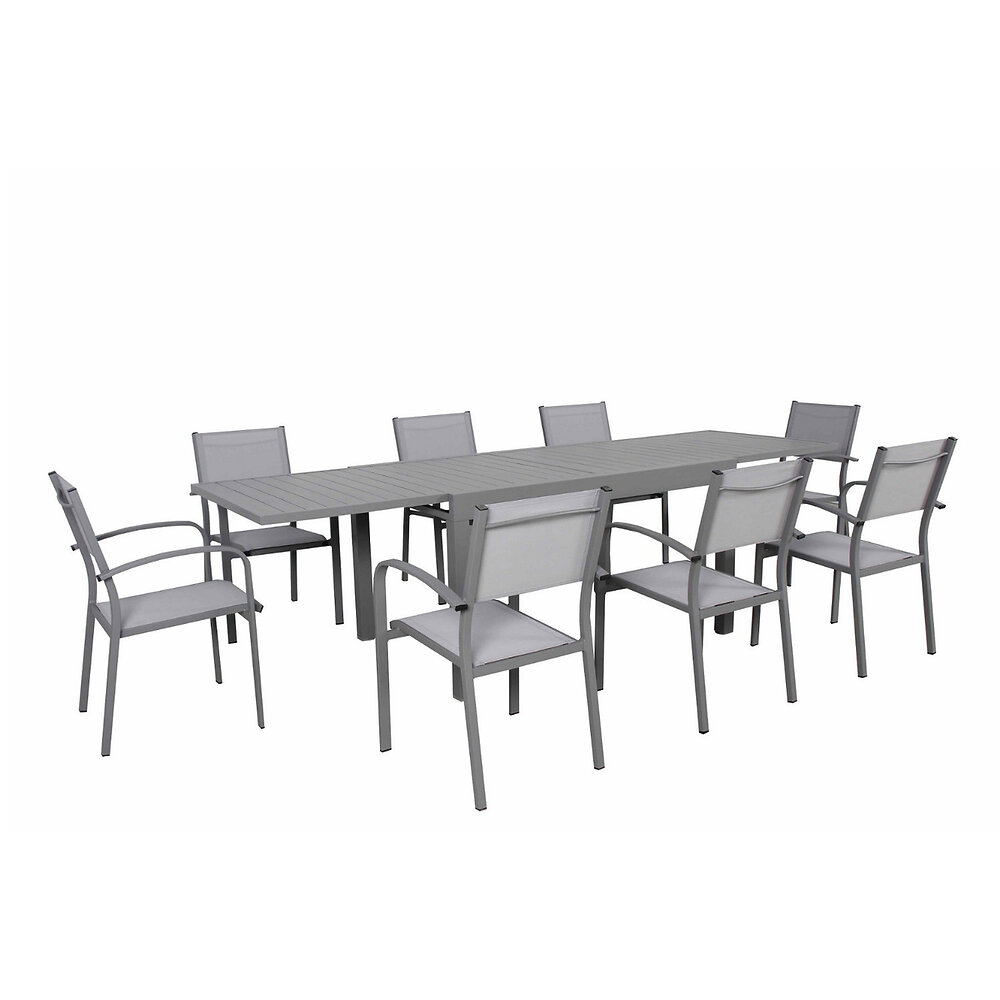 AVRIL PARIS - Table de jardin extensible en aluminium 270cm + 8 fauteuils empilables textilène gris - MILO 8 - large