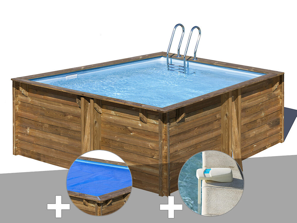 GRE - Kit piscine bois Gré Carra 3,05 x 3,05 x 1,19 m + Bâche à bulles + Alarme - large