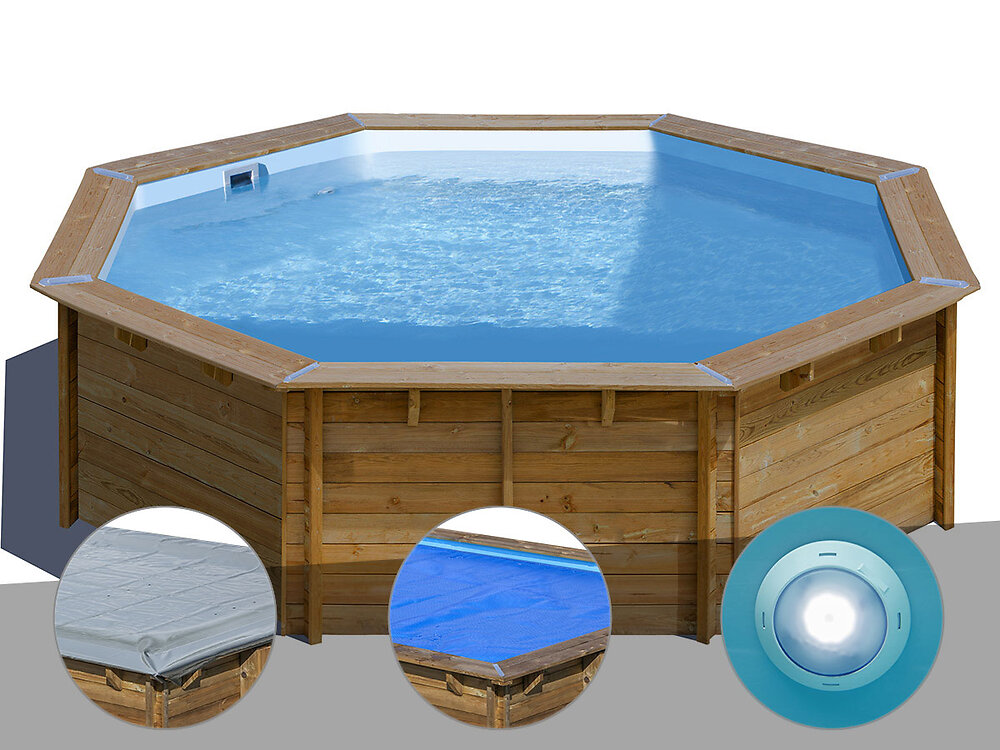 GRE - Kit piscine bois Gré Violette Ø 5,00 x 1,27 m + Bâche hiver + Bâche à bulles + Spot - large