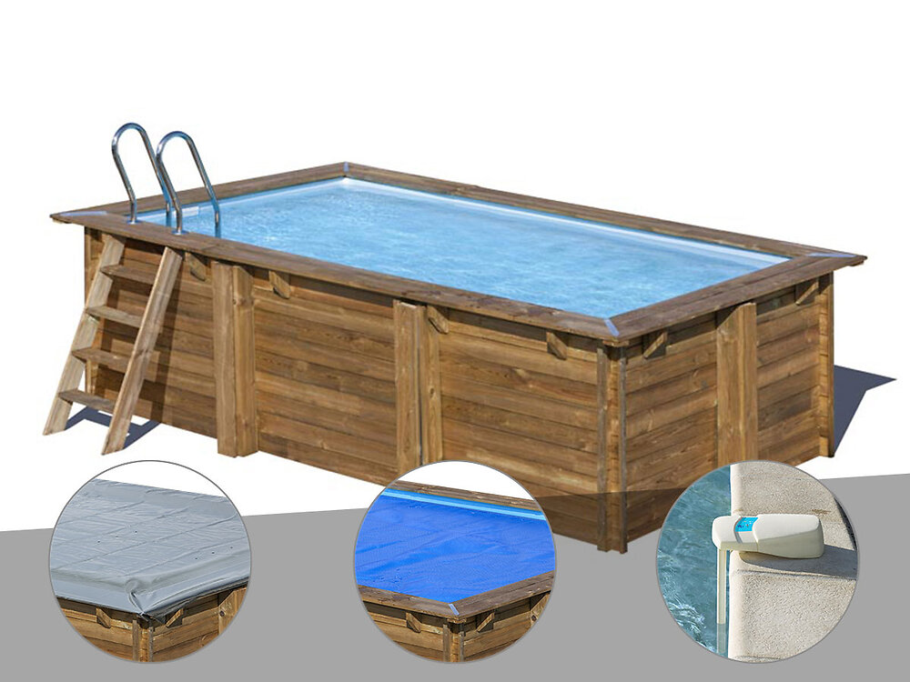 GRE - Kit piscine bois Gré Marbella 4,20 x 2,70 x 1,17 m + Bâche hiver + Bâche à bulles + Alarme - large