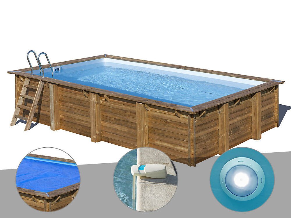 GRE - Kit piscine bois Gré Evora 6,20 x 4,20 x 1,33 m + Bâche à bulles + Alarme + Spot - large
