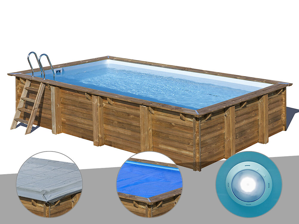 GRE - Kit piscine bois Gré Evora 6,20 x 4,20 x 1,33 m + Bâche hiver + Bâche à bulles + Spot - large