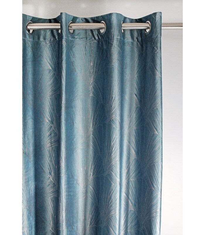 ROCLE - Rideau Imprimé Feuillage Argent - Bleu Jean - 140x260cm - large
