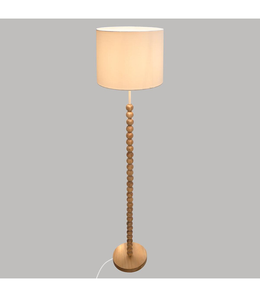 lampadaire pied perle en bois et abat jour blanc h 146 cm