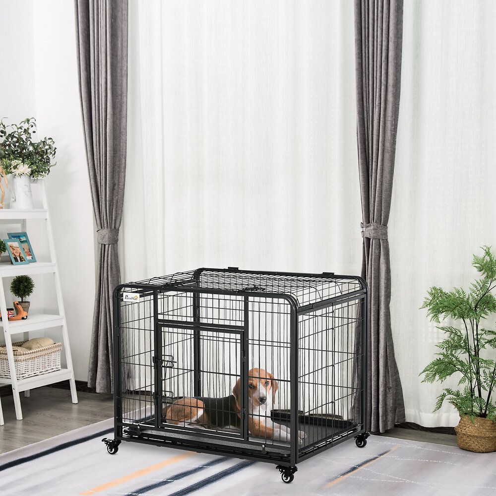 PAWHUT - Cage pour chien pliable cage de transport sur roulettes 2 portes verrouillables plateau amovible dim. 94L x 58l x 69H cm métal gris noir - large
