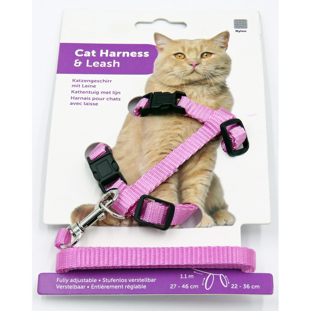 Harnais + laisse pour chaton en nylon motifs chat, 27/46cm