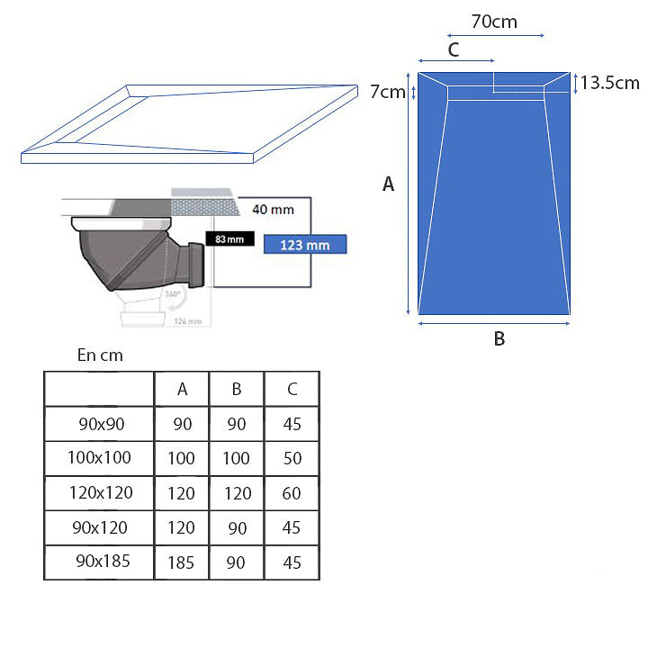 U-tile - Kit complet receveur à carreler caniveau + siphon 360° - 100 x 100 cm - large