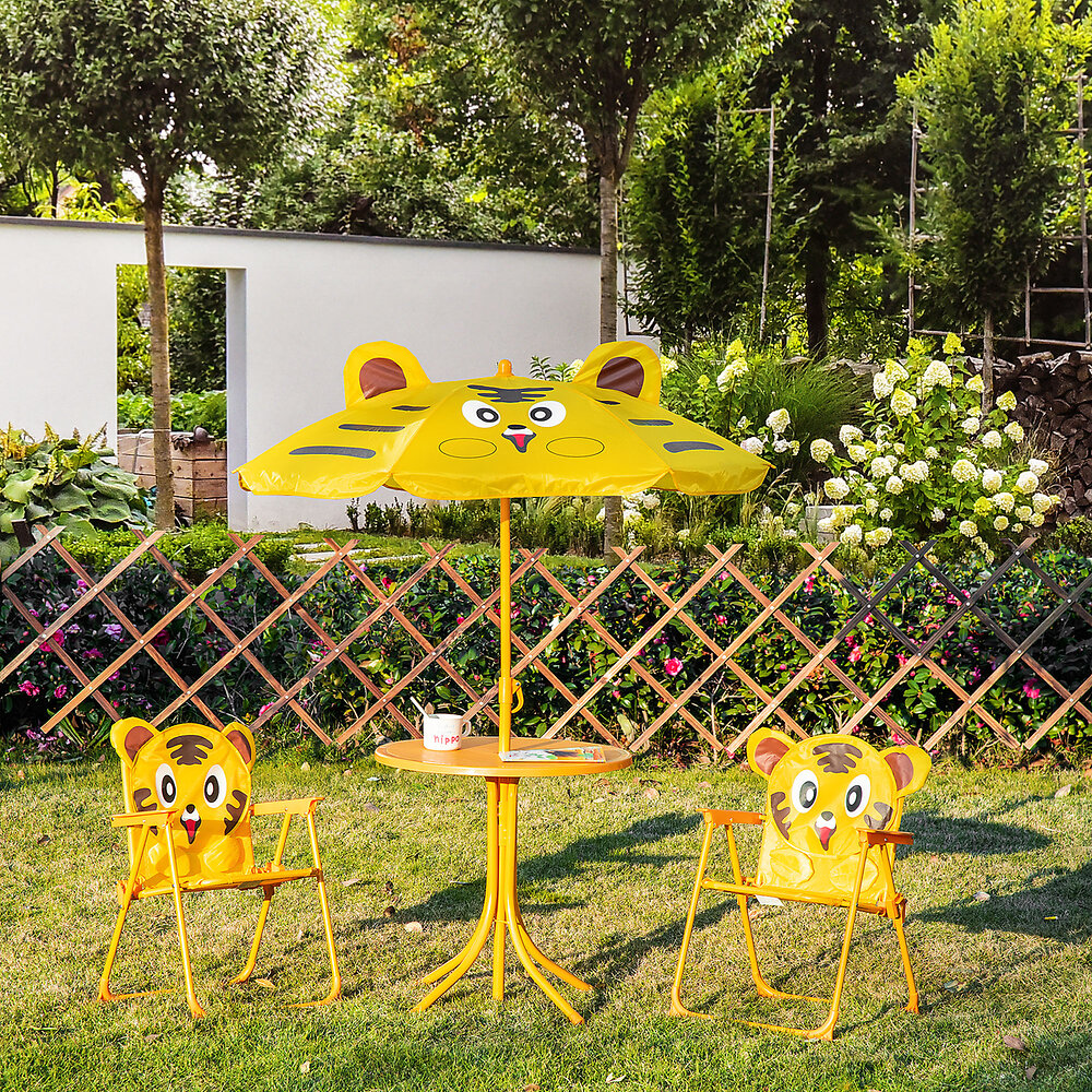 ensemble salon de jardin enfant 4 pcs design tigre - table ronde + 2 chaises pliables + parasol - métal époxy oxford jaune