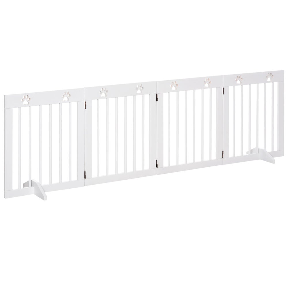 barrière de sécurité pour animaux - barrière modulable pliable 4 panneaux - motif patte - 2 pieds support - bois de pin blanc