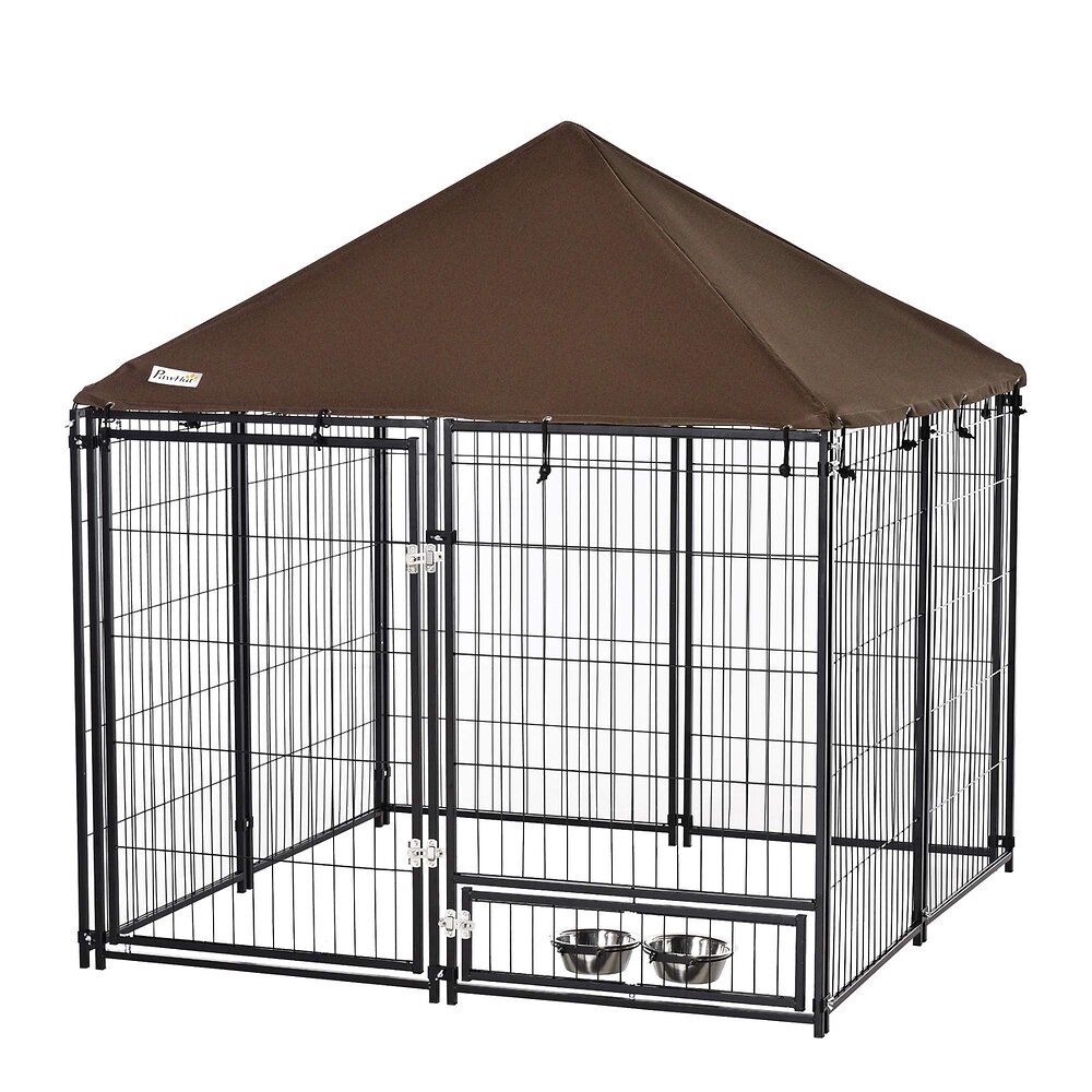 PAWHUT - Chenil extérieur pour chiens en métal et tissu oxford avec support gamelle et toit résistant aux intempéries espace spacieux 141 x 141 x 121 cm noir - large