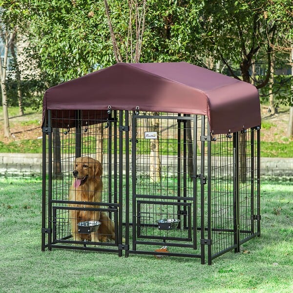 PAWHUT Chenil extérieur chien - cage chien - enclos chien - toile toit  imperméable anti-UV, porte verrouillable, 2 bols rotatifs - acier noir  oxford pourpre pas cher 