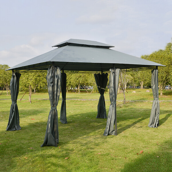 Tonnelle barnum de jardin 3L x 3l m avec 4 moustiquaires amovibles - double  toit - métal polyester gris