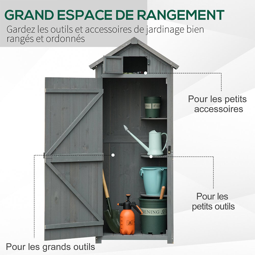 Armoire abri de jardin remise pour outils 3 étagères 2 portes loquets