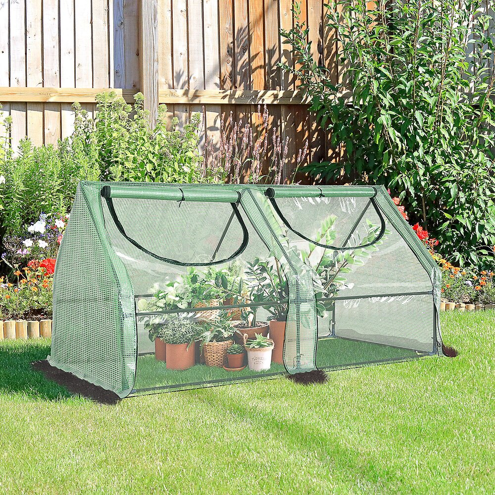 OUTSUNNY - Mini serre de jardin serre à tomates double bâche 180L x 90l x 90H cm acier PE PVC 2 fenêtres avec zip enroulables vert - large
