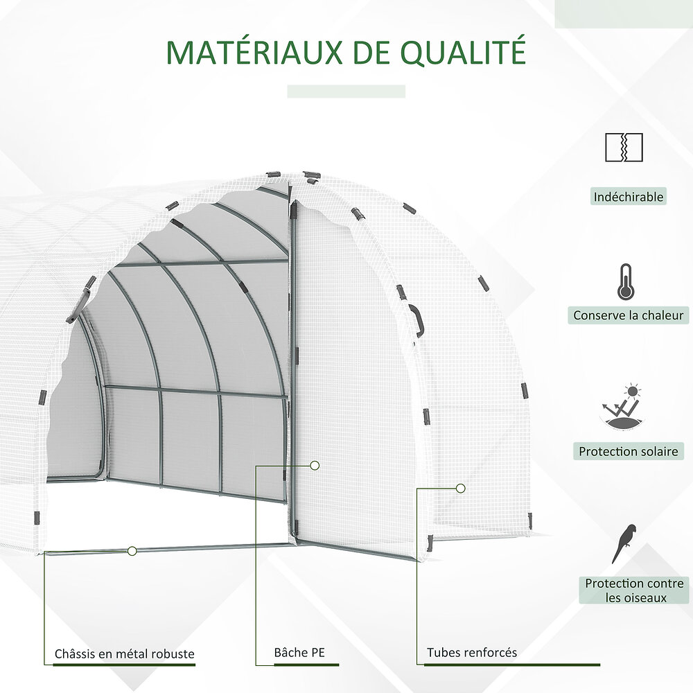 OUTSUNNY - Serre de jardin tunnel surface sol 16 m² châssis tubulaire renforcé 24 mm double porte avec poignées blanc - large