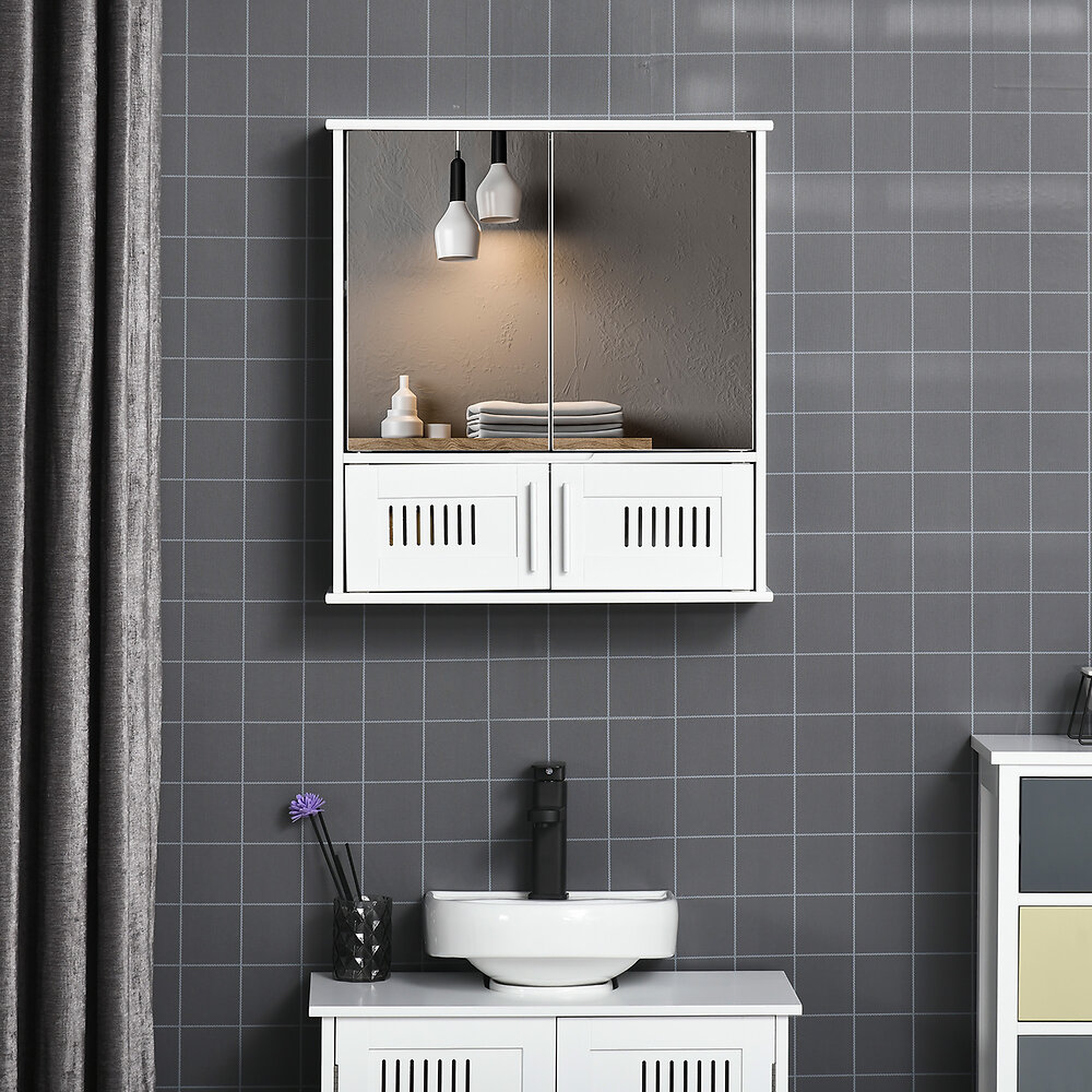 armoire murale de salle de bain avec miroir - armoire à glace - placard de rangement toilettes - 4 portes, étagère - verre mdf blanc