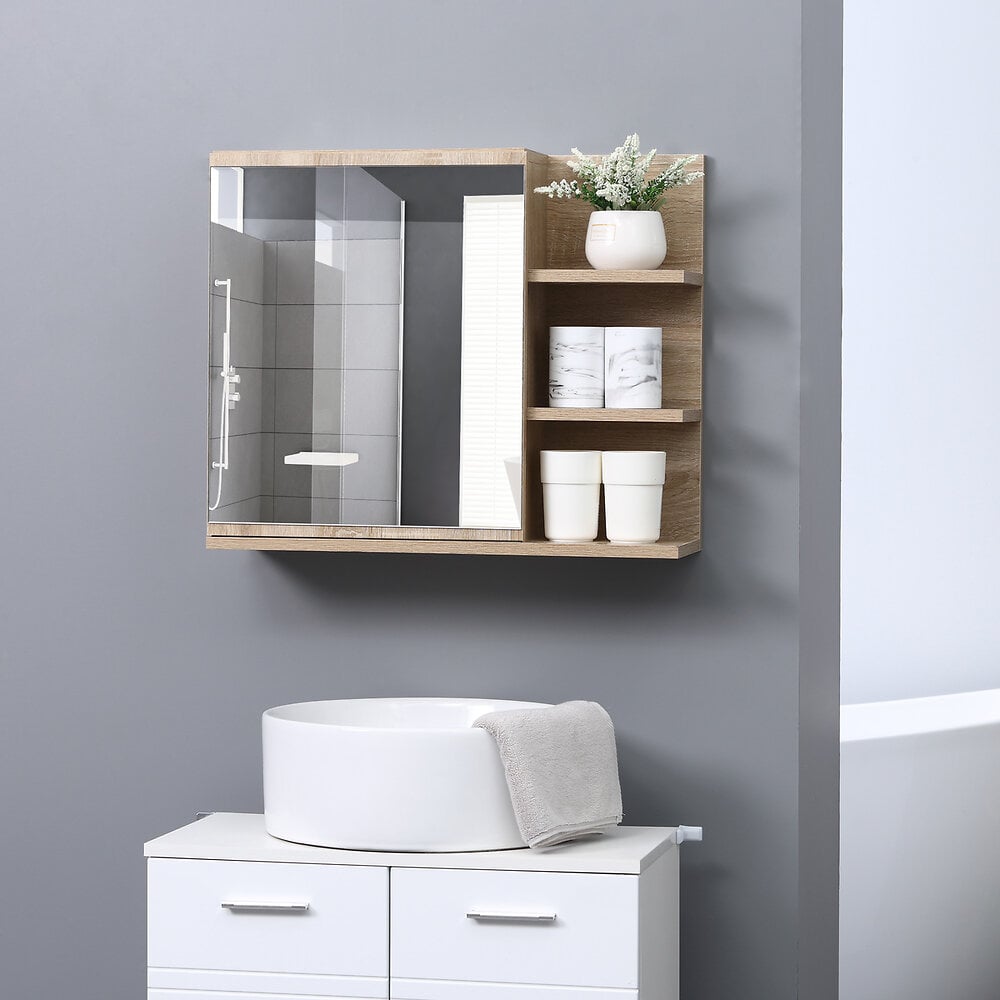 armoire miroir de salle de bain avec étagère - 3 étagères latérales - kit installation murale fourni - panneaux particules aspect chêne clair