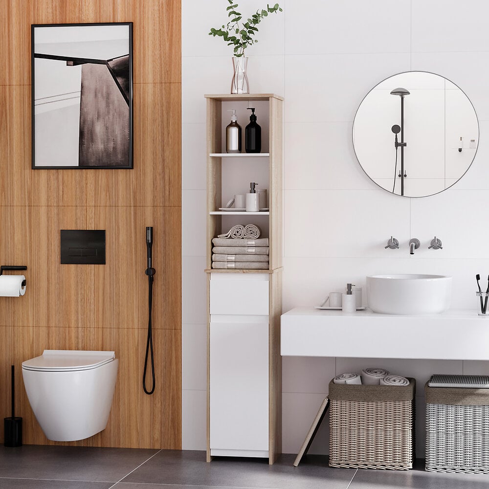 meuble colonne rangement salle de bain style cosy 3 niches tiroir placard avec étagère blanc aspect chêne clair