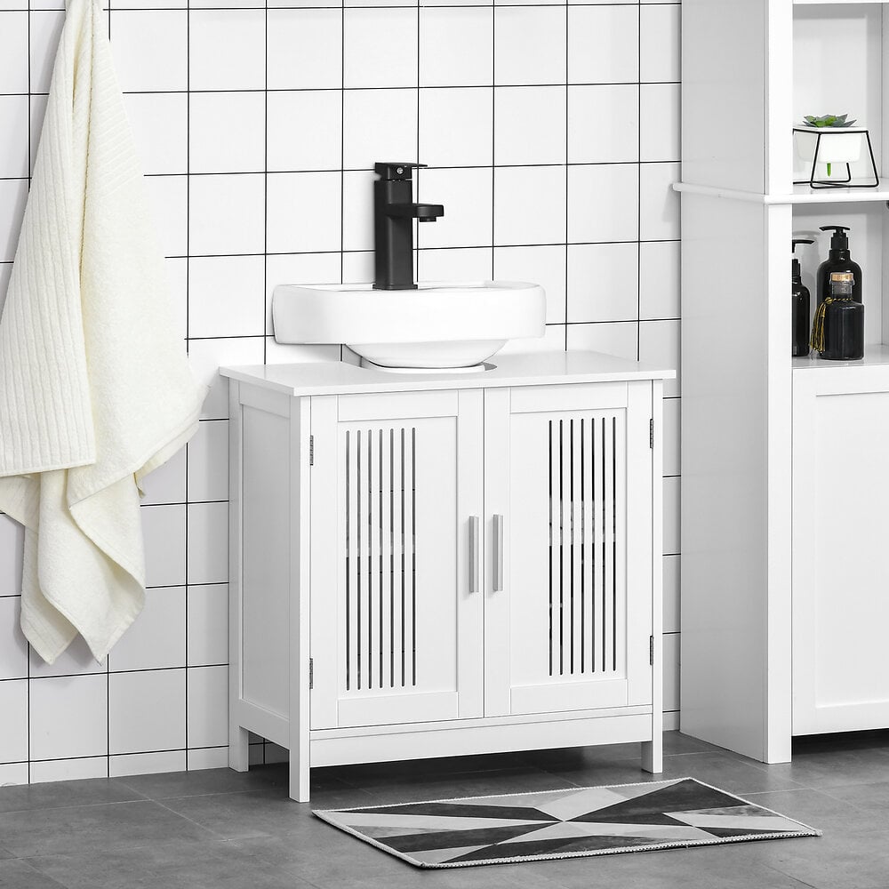 meuble vasque - meuble sous-vasque - 2 portes rainurées avec étagère réglable - poignées alliage aluminium - dim. 60l x 30l x 60h cm - mdf blanc