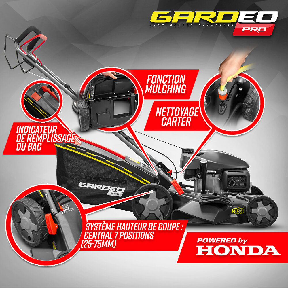 GARDEO PRO - Tondeuse thermique tractée 167CC avec moteur Honda, mulching et éjection latérale - Gardeo Pro - large