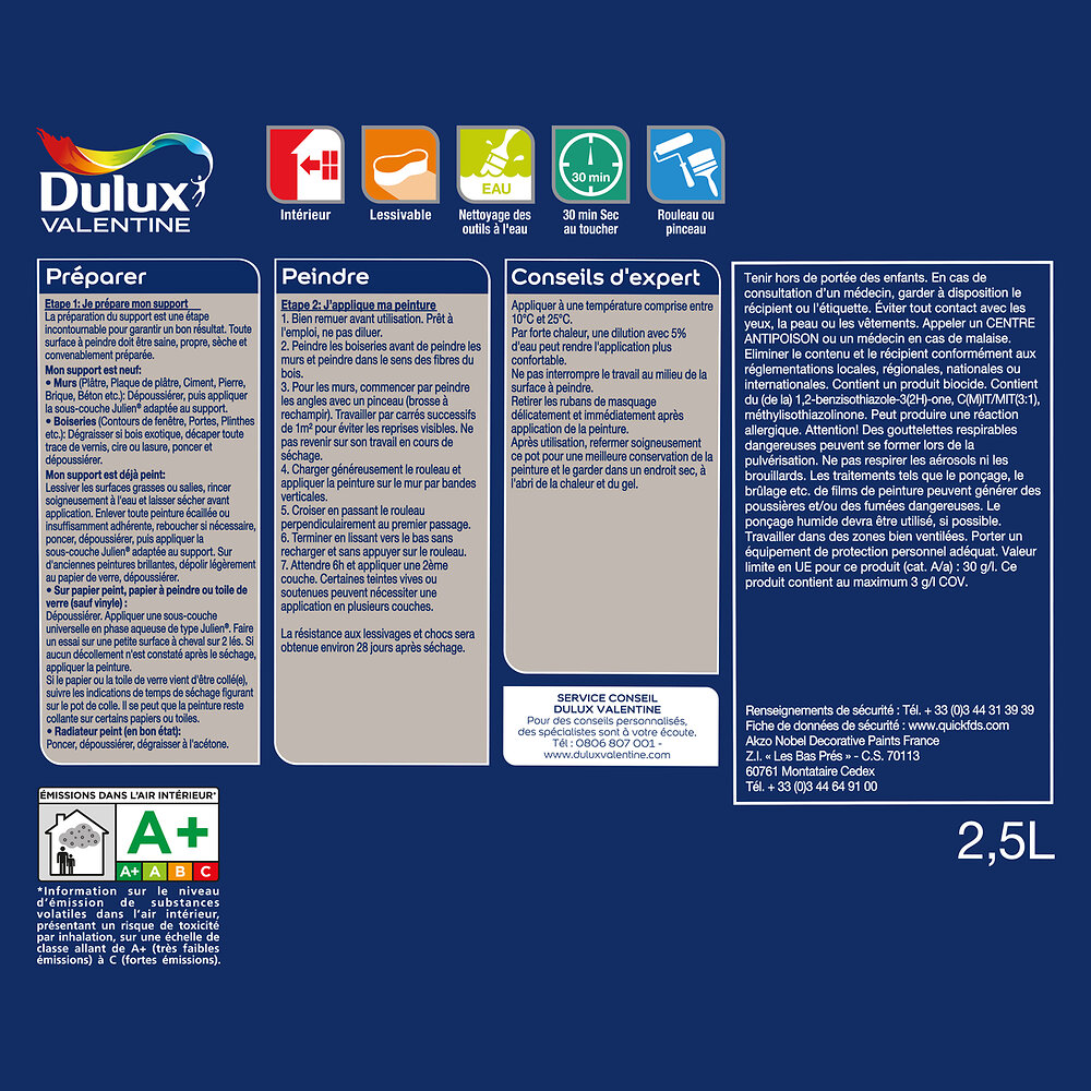 DULUX - Peinture Dulux Valentine Crème de Couleur Satin Gris Angora 2,5L - large