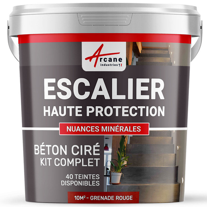 ARCANE INDUSTRIES - Béton Ciré Escalier - Kit Complet primaire et vernis de finition - En neuf ou rénovation - kit 10 m² (2 couches) Grenade - Rouge - ARCANE INDUSTRIES - large