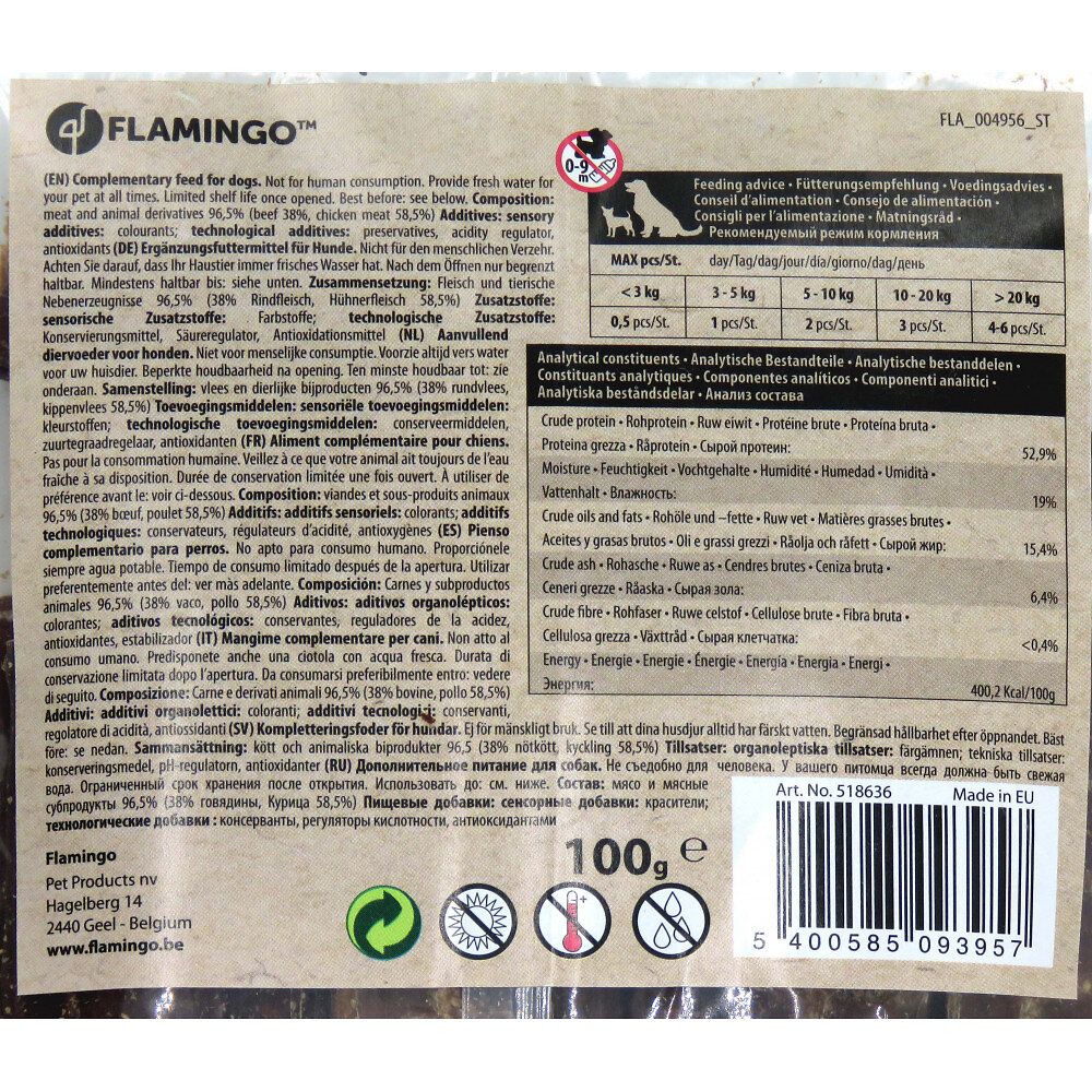 FLAMINGO PET PRODUCT - Friandise naturel au bœuf, bandes de 11 cm 100 g pour chien - large