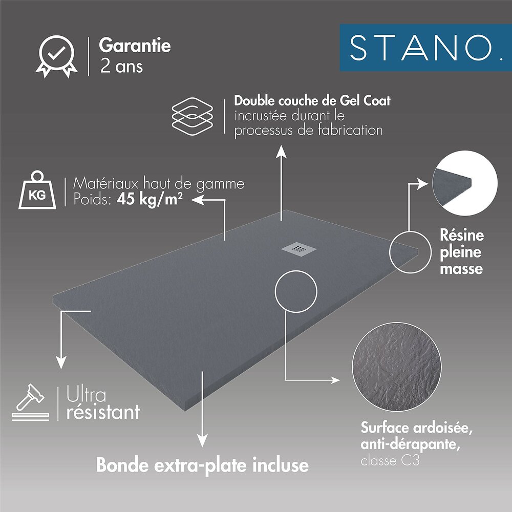STANO - Receveur de douche 70x80cm extra plat MADISON en résine surface ardoisée noir - large