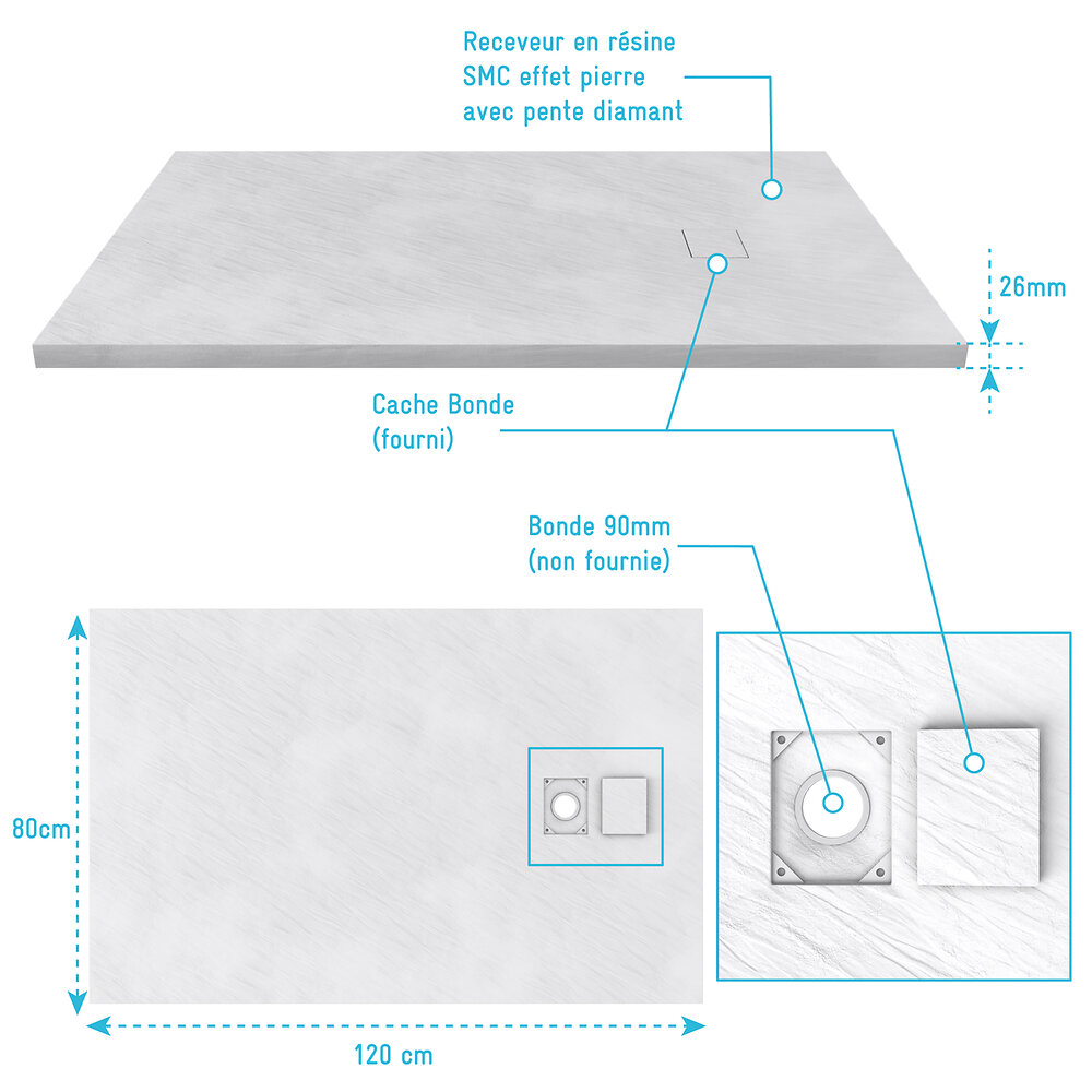 AURLANE - Receveur à poser en matériaux composite SMC - Finition ardoise blanc mat - 80x120 cm - large