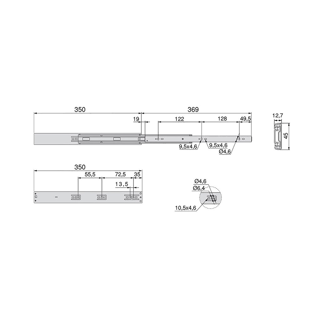 EMUCA - Paire de coulisses pour tiroirs - à billes - 45 x 350 mm - Fermeture amortie - Zingué - large