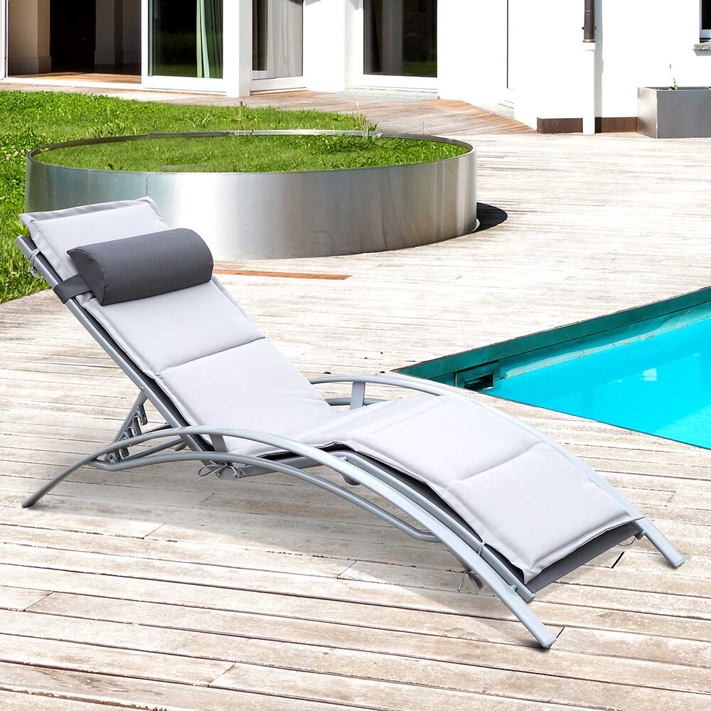 OUTSUNNY - Bain de soleil transat design contemporain inclinable multi-positions avec matelas et tétière dim. 170L x 64l x 82H cm alu textilène gris - large