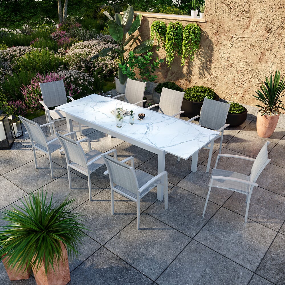 AVRIL PARIS - Table de jardin extensible aluminium blanc effet marbre 180/240cm + 8 fauteuils empilables textilène - ANIA - large