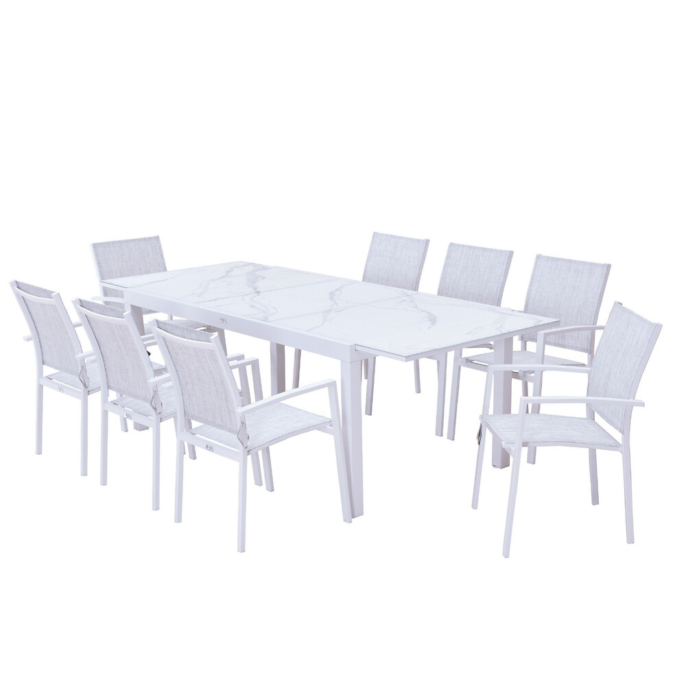 AVRIL PARIS - Table de jardin extensible aluminium blanc effet marbre 180/240cm + 8 fauteuils empilables textilène - ANIA - large