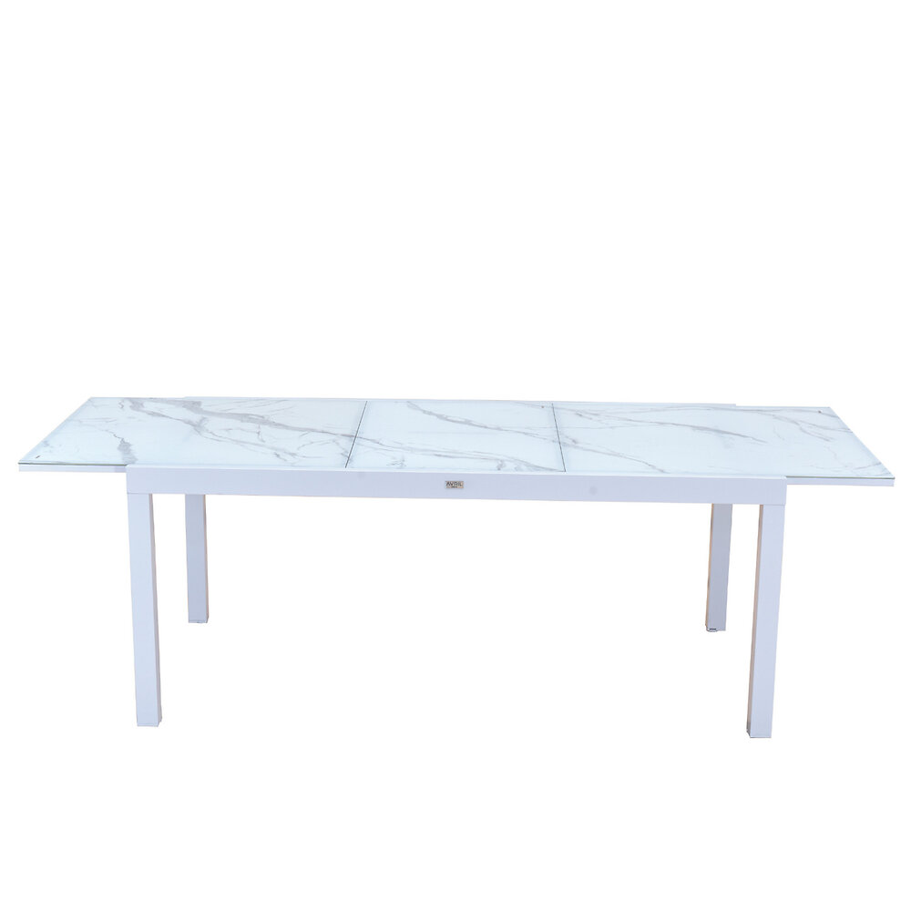 AVRIL PARIS - Table de jardin extensible aluminium blanc effet marbre 180/240cm + 8 fauteuils empilables textilène - ANIA - large