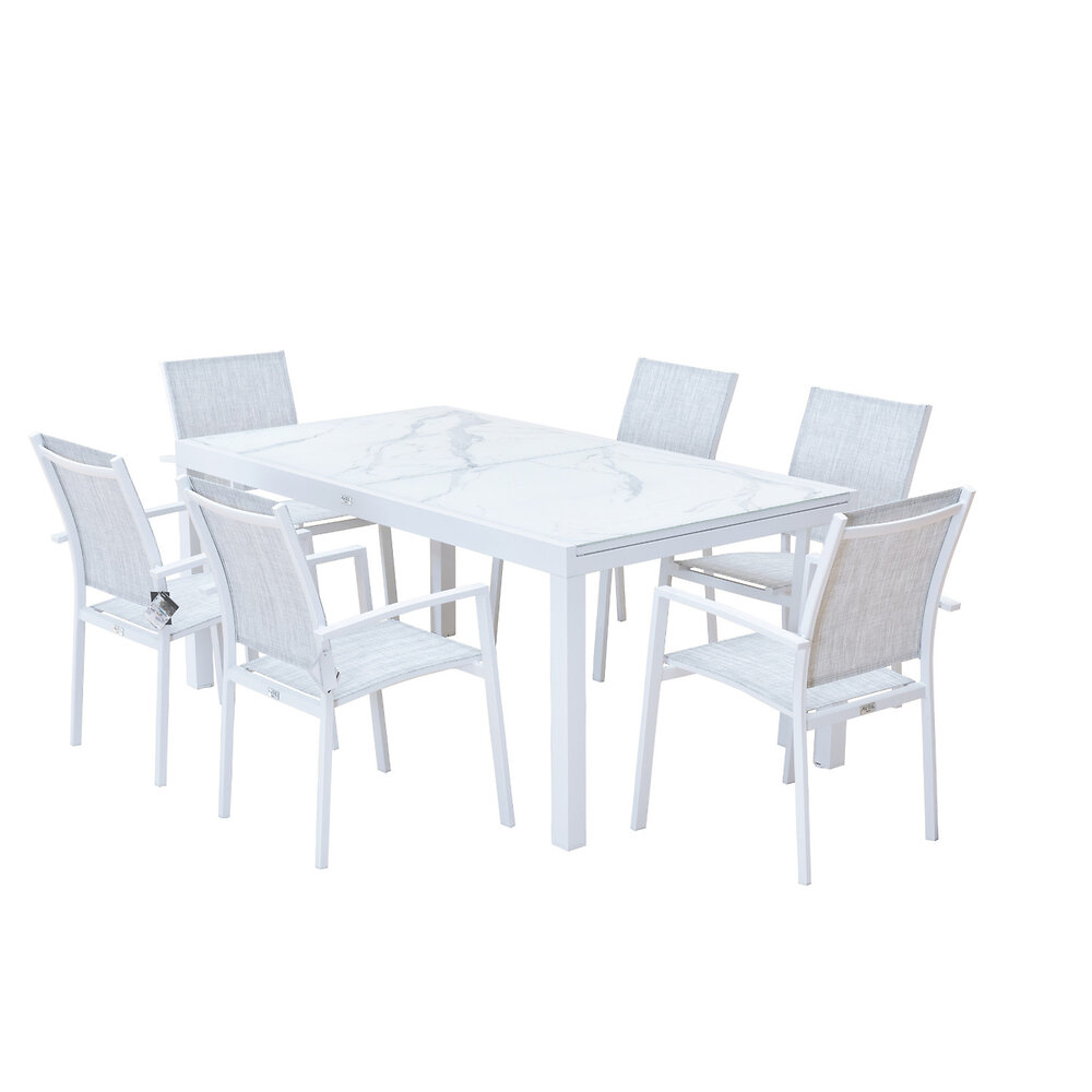 AVRIL PARIS - Table de jardin extensible aluminium blanc effet marbre 180/240cm + 8 fauteuils empilables textilène - ANIA - large