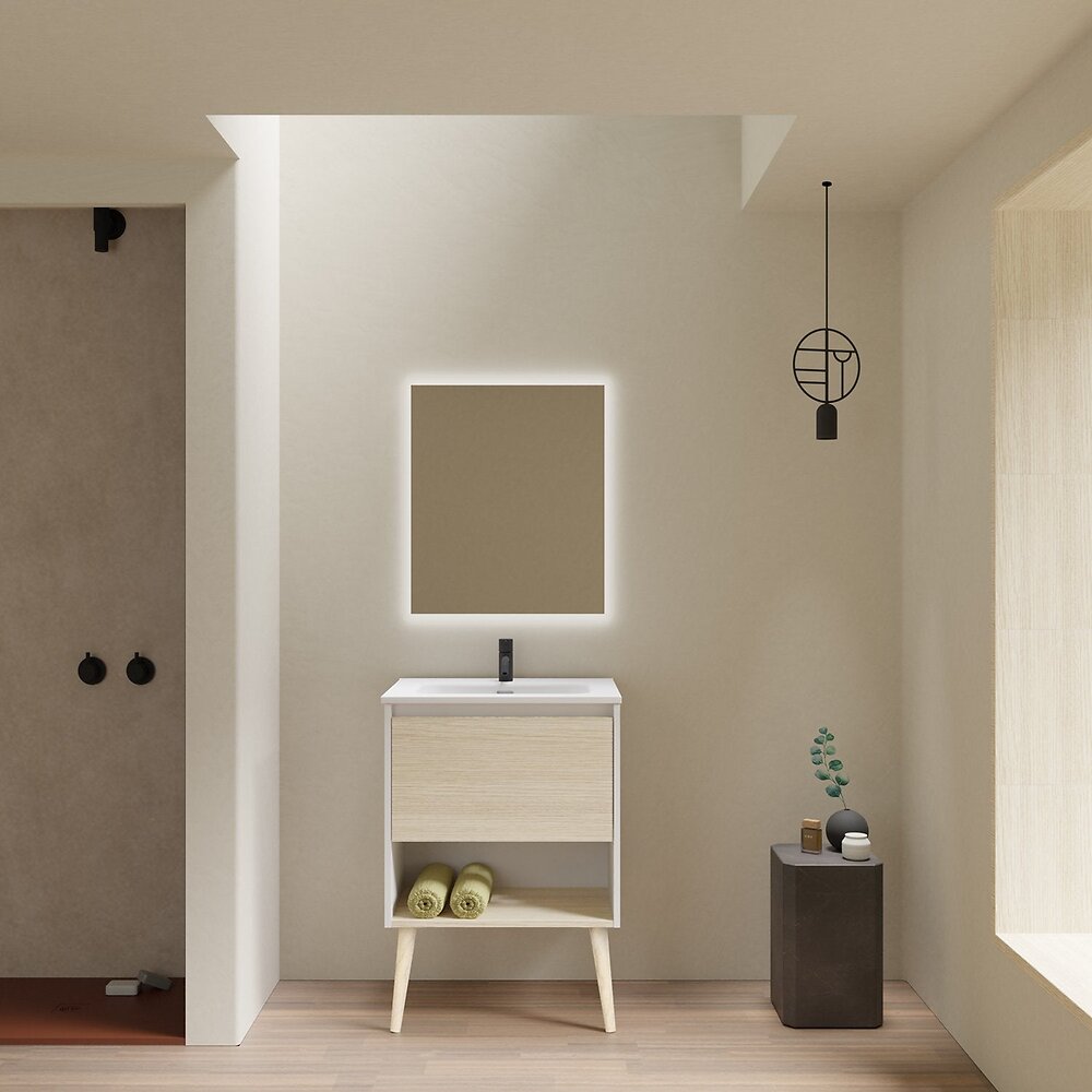 Amizuva - Meuble salle de bain simple vasque NARA largeur 60 - 80 cm chêne clair et blanc 60 cm  Miroir non inclus - large