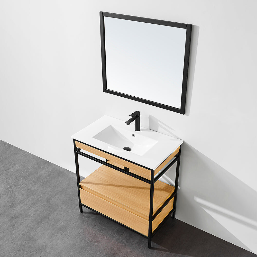 STANO - Meuble salle de bain UNIK 80 cm en métal noir avec vasque céramique blanche - large