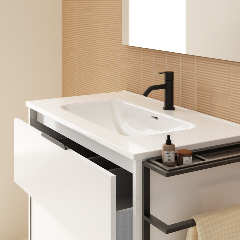 Amizuva - Meuble salle de bain en bois et métal KEIKO blanc brillant 100 cm - large