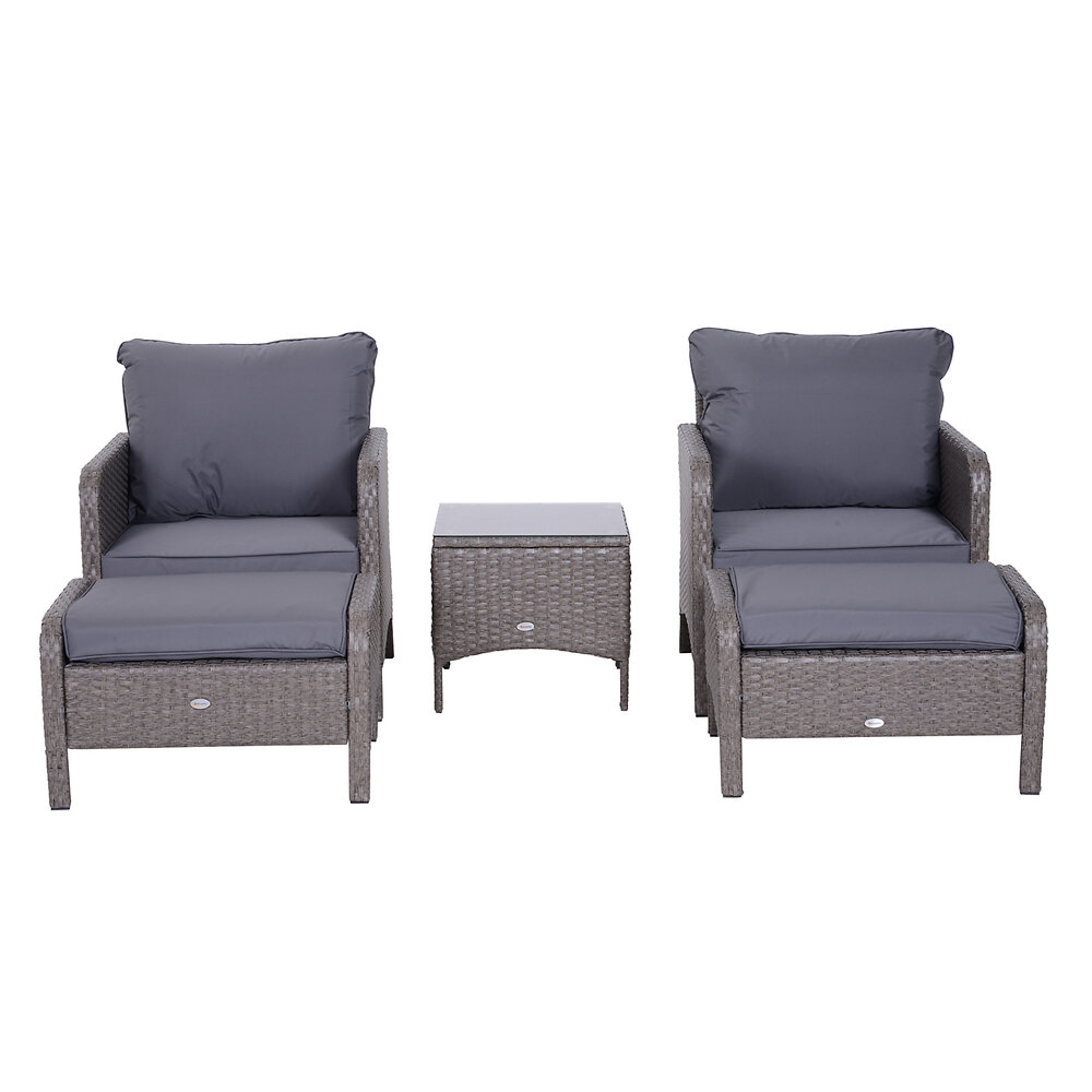 OUTSUNNY - Outsunny Lot de 2 fauteuils de jardin grand confort repose-pied table basse résine tressée imitation rotin coussins gris - large