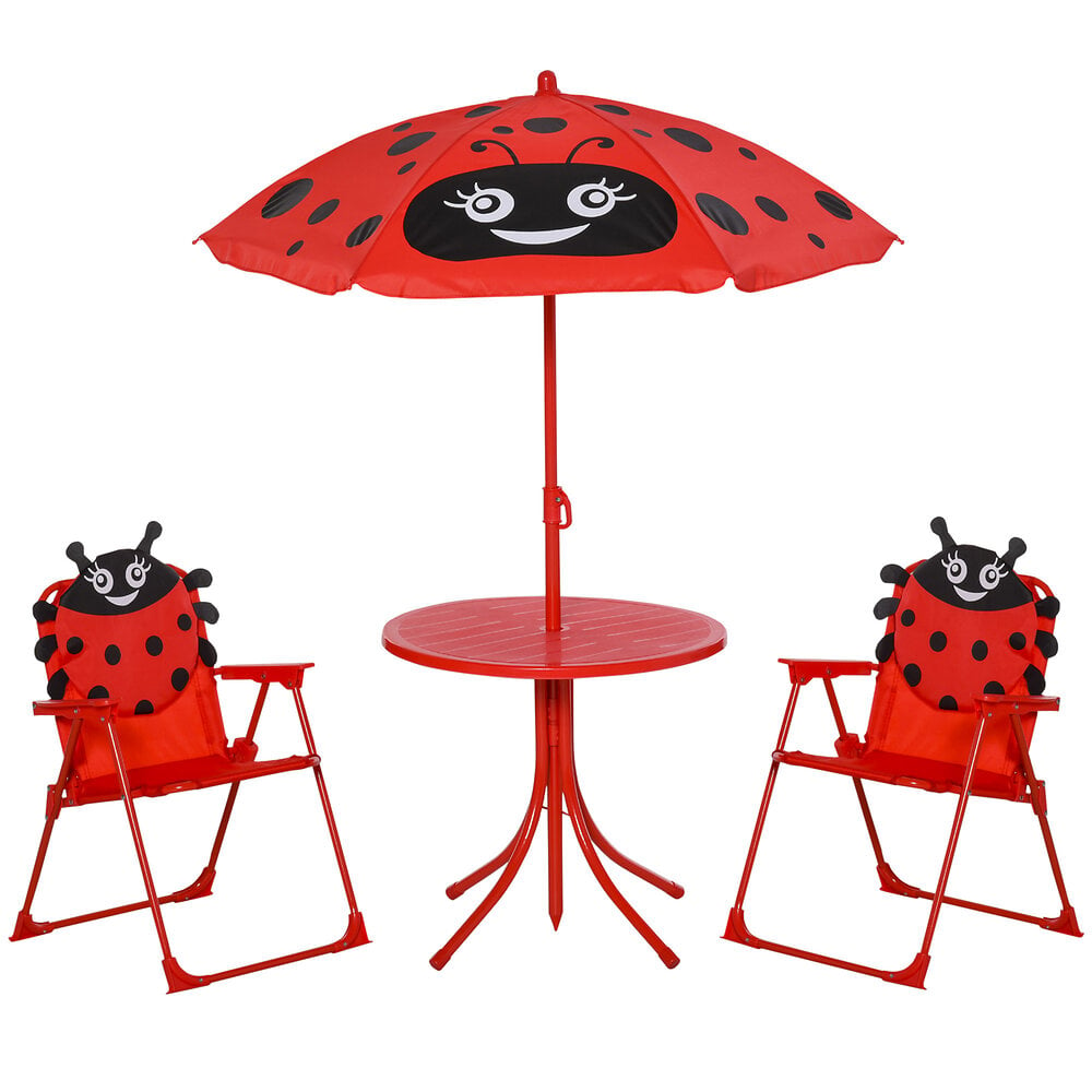 ensemble salon de jardin enfant 4 pcs design coccinelle - table ronde + 2 chaises pliables + parasol - métal époxy oxford rouge