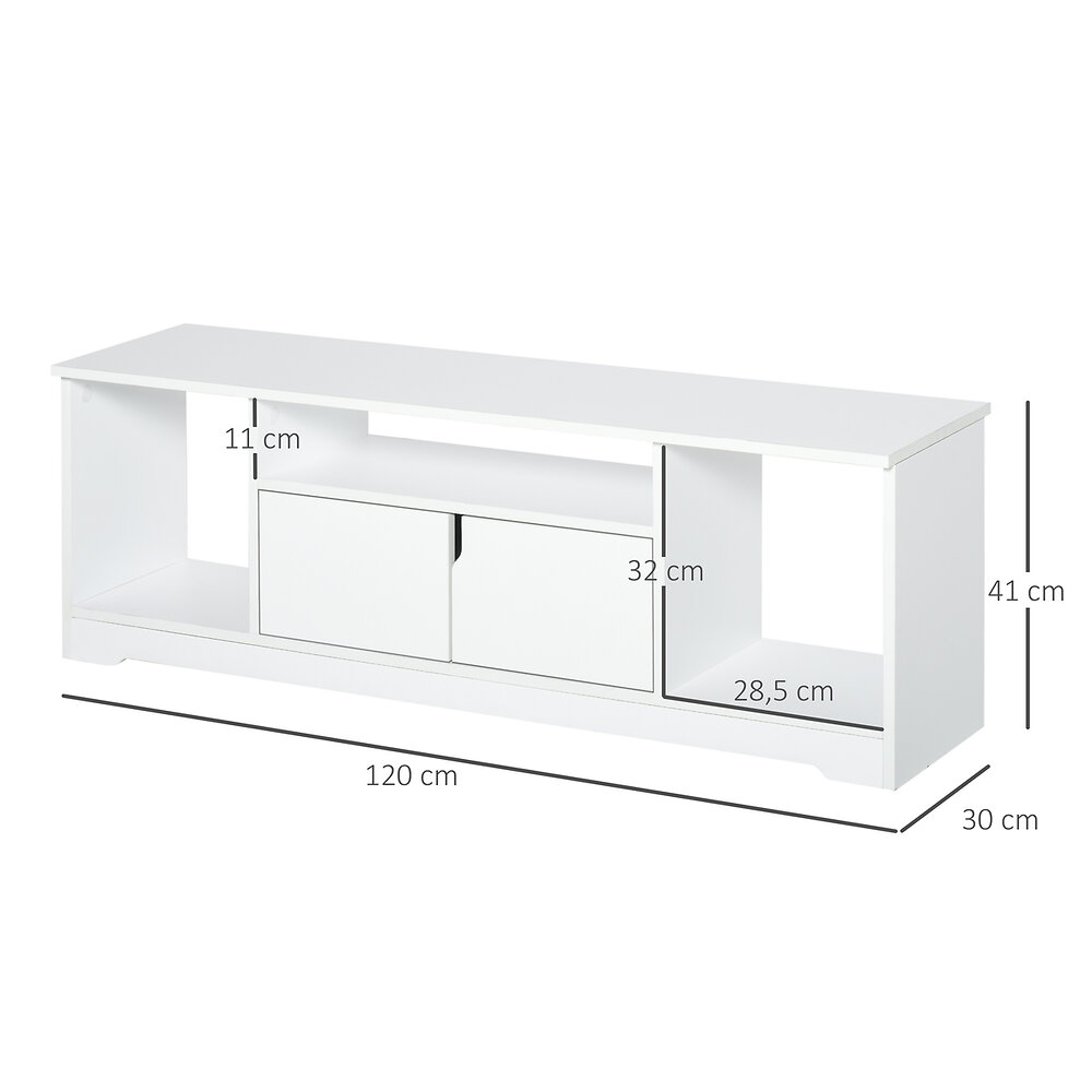 HOMCOM - Meuble TV banc TV design contemporain - 3 niches, placard double porte - dim. 120L x 30l x 41H cm - panneaux particules blanc - large
